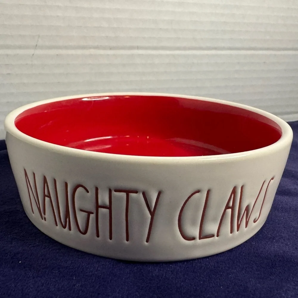 Rae Dunn Naughty Claws Artisan Collection Cat/Dog Bowl Ceramic White Red